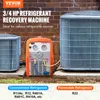 A refrigerant recovery machine is shown between two air conditioning units, with text overlays describing its features and compatibility. Náhľad obrázku produktu