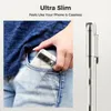 A person is putting a phone into their jeans pocket, and a close-up of the phone case is shown on the right. Produktbild-Vorschau