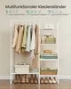 A white multi-functional clothing rack with clothes, bags, hats, and shoes displayed on it. Produktbild-Vorschau