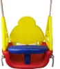 A baby swing seat with a yellow backrest, blue seat, and red base, suspended by ropes. Produktbild-Vorschau