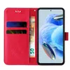 A red flip phone case with card slots and a banknote is shown next to a smartphone. Produktbild-Vorschau