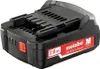 A black Metabo power tool battery pack is shown against a white background. Produktbild-Vorschau