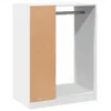A white wardrobe cabinet with a brown particle board panel on the left side and a metal hanging rod inside. Náhľad obrázku produktu
