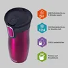 A Contigo travel mug is shown diagonally with feature callouts. Produktbild-Vorschau