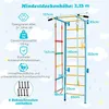 A diagram of a wall-mounted climbing frame with dimensions and feature callouts. Produktbild-Vorschau