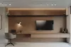 A modern home office setup with a wall-mounted desk, TV, and shelving. Produktbild-Vorschau