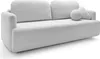 A white bouclé sofa with two throw pillows, one spherical and one triangular.