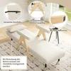 A beige lounger with wooden accents, shown in a room setting with decorative elements and text overlays highlighting features. Produktbild-Vorschau