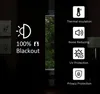 A dark room with curtains and a window showing greenery. Text and icons highlight product features. Voir les images du produit