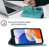 A person's hands are shown using a smartphone in a teal flip case, which is propped up as a stand next to a laptop. Below, the phone is shown in the case, displaying its screen. Produktbild-Vorschau