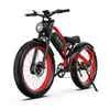 A red and black electric mountain bike with fat tires is shown against a white background. Produktbild-Vorschau