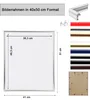 A diagram of a picture frame with dimensions and a selection of frame colors. Produktbild-Vorschau