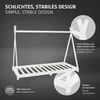 A white wooden children's bed frame with a slatted base, shown from a low angle against a dark gray background. Callouts highlight design features. Produktbild-Vorschau