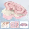 A collage of images showing a pink sleep mask, a hand pressing into a soft material, and a close-up of the mask with airflow arrows. Náhľad obrázku produktu