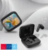 A product image showcasing black wireless earbuds and their charging case, with a display screen showing audio features. Produktbild-Vorschau