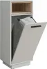 A white laundry cabinet with a wooden shelf at the top and an open door revealing a grey laundry bag inside. Podgląd zdjęcia produktu