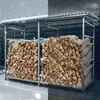 A split image showing a metal firewood rack filled with logs, with one side under a snowy winter scene and the other under a rainy scene. Produktbild-Vorschau