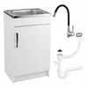 A white kitchen cabinet with a sink, a black flexible faucet, and plumbing parts are displayed against a white background. Náhľad obrázku produktu