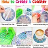 A collage of six images showing the steps to create a diamond painting coaster. Produktbild-Vorschau