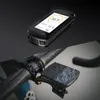 A collage showing a GPS cycling computer and its mount on a bicycle handlebar. Produktbild-Vorschau