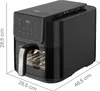 A black and silver air fryer is shown from a three-quarter angle on a white background, with dimensions indicated by lines and text. Náhled obrázku produktu