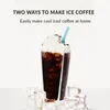 An iced coffee drink with whipped cream and chocolate sprinkles, surrounded by ice cubes, with text overlay. Produktbild-Vorschau