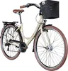 A studio shot of a beige bicycle with a black basket and brown accents. Produktbild-Vorschau