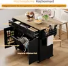 A modern black kitchen island with a wooden countertop, showcasing its various storage features and accessories. Náhled obrázku produktu