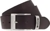 A close-up shot of a dark brown leather belt with a silver buckle. Produktbild-Vorschau