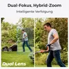 A man is mowing his lawn with a lawnmower, and the image is split into two panels. The left panel shows the man and lawnmower with a blue box around the man, indicating tracking. The right panel shows a closer view of the man pushing the lawnmower. Text ov Produktbild-Vorschau