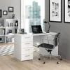 A modern white desk with a laptop, lamp, and chair in an office setting with a city view. Produktbild-Vorschau