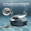 A pool robot cleaner is shown underwater, with bubbles rising and leaves on the pool floor. A close-up inset shows a finger pressing a button on the robot. Náhľad obrázku produktu