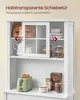A white sideboard with a sliding glass door, displaying kitchen items and a toaster. Produktbild-Vorschau