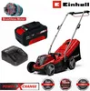 A collage of a red Einhell lawnmower, a battery, a charger, and marketing graphics. Produktbild-Vorschau