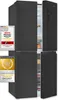 A black refrigerator with its doors open, displaying internal shelves and food items. Two award badges are placed on the front of the refrigerator. Produktbild-Vorschau