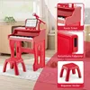 A red toy piano with a microphone and stool, shown in a child's room setting with additional close-up shots highlighting features. Podgląd zdjęcia produktu