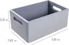 A gray wooden storage box with handles is shown with dimensions indicated by measurement lines and text. Produktbild-Vorschau