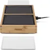 A Princess Chef-Tischgrill Dinner4Two Pure is shown against a white background. The grill has a bamboo casing and two black cooking surfaces. A white tray is positioned below the grill. Produktbild-Vorschau