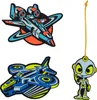 A collage of three cartoon-style space-themed items: a spaceship, a futuristic aircraft, and a small alien figure with a string. Podgląd zdjęcia produktu