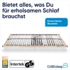 A slatted bed base is shown from a slightly elevated front-left angle, with text and logos above and below. Produktbild-Vorschau