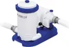 A white and blue swimming pool filter pump with hoses attached, set against a white background. Voir les images du produit