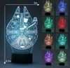 A collage of a 3D Millennium Falcon lamp in various colors, with a size reference on the left. Produktbild-Vorschau
