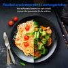 A split image showing a plate of food divided into pasta with shrimp and cherry tomatoes on one side, and a medley of vegetables on the other. Text overlays describe product features. Produktbild-Vorschau