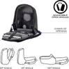 A black backpack is shown open, displaying its interior compartments and features, along with diagrams illustrating different opening angles. Anteprima dell’immagine prodotto