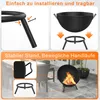 Collage showing assembly instructions and features of a fire pit. Produktbild-Vorschau