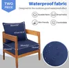 A dark blue cushion set on a wooden armchair, with diagrams and text highlighting product features. Produktbild-Vorschau