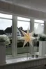 A paper star lantern is displayed on a windowsill in front of a window overlooking a garden and houses. Produktbild-Vorschau