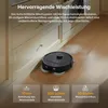 A robot vacuum cleaner is shown on a wooden floor next to kitchen cabinets, with marketing text and feature callouts. Produktbild-Vorschau