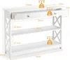 A white console table with dimensions and weight capacity indicated. Podgląd zdjęcia produktu