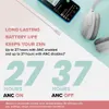 A flat lay of white headphones, a smartphone, and a charging cable on a light blue and white background, with text highlighting battery life. Podgląd zdjęcia produktu